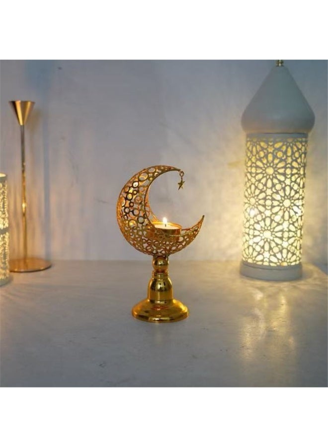 Eid Moon Candle Holder, Ramadan Hollowed Decoration Light Atmosphere Modeling Decor for Eid and al Adha Celebration, Home Table Party Ramadan Tabletop Lighting Decoration (Gold) - Image 1